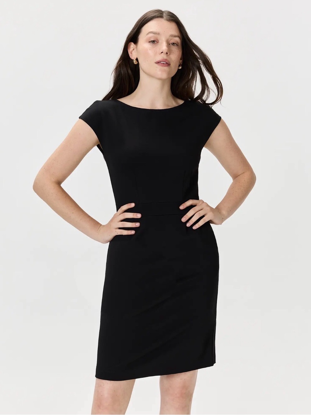Quince Black Cap Sleeve Midi Sheath Dress